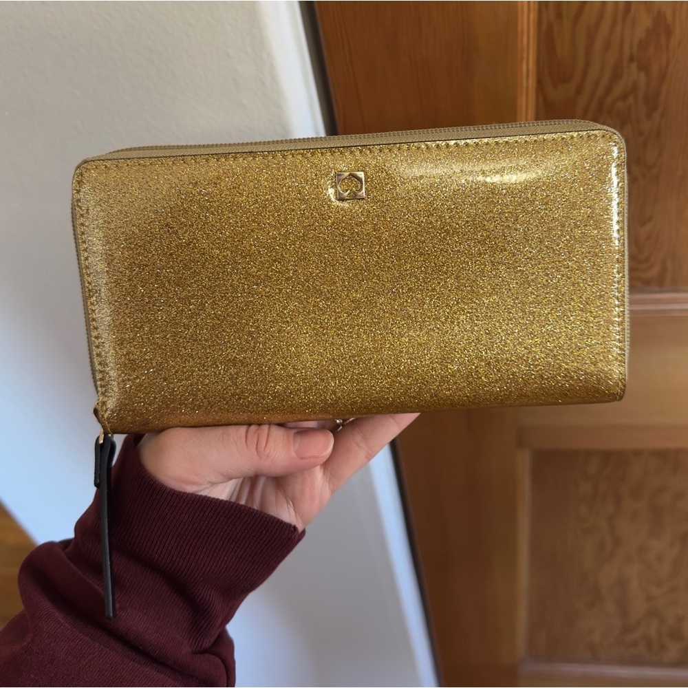 kate spade mavis street neda gold metallic glitter bi-fold zip wallet